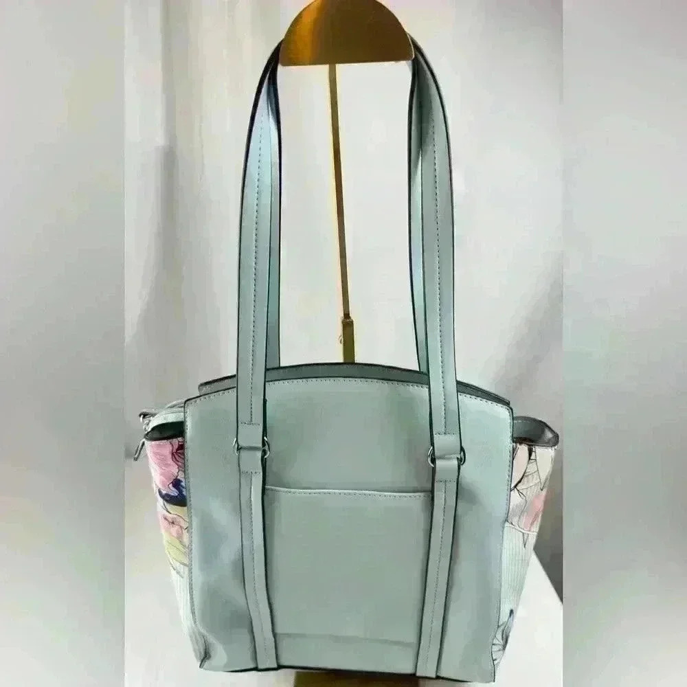 NWT - London Fog Light Blue Mist Stripe Floral Tote